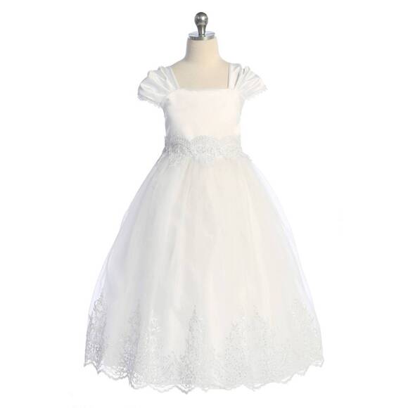 NEW KID'S DREAM kid's embellished organza pleated cap sleeve long communion dres